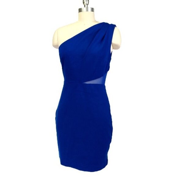 Halston Heritage Blue Mesh Inset One Shoulder Mini Dress Size M Bodycon New Year - Picture 3 of 14